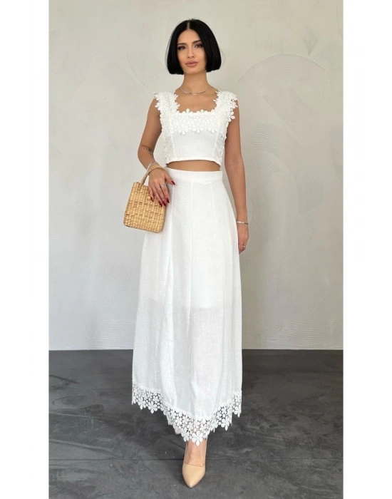 Beyaz Güpürlü Crop Ve Etek Takım