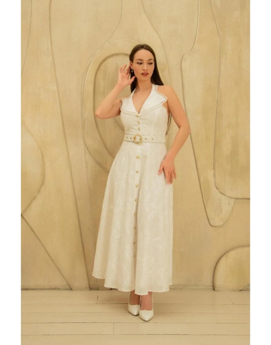 Beyaz İnci Kemer Detaylı Dantelli Elbise