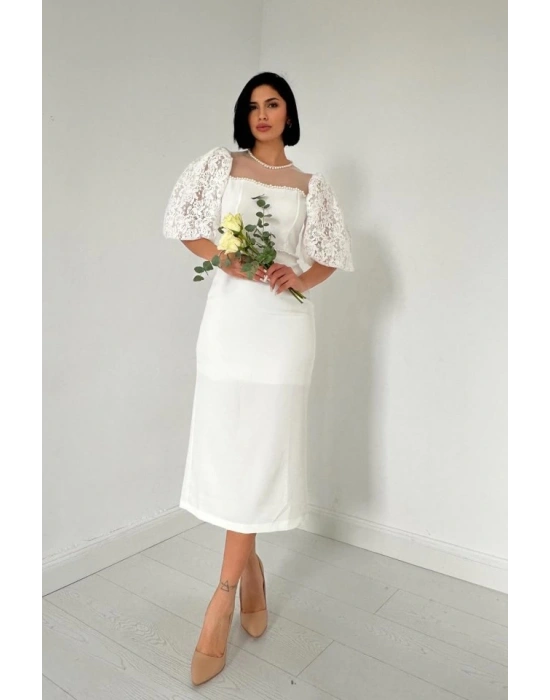 Beyaz İncili Tül Detay Elbise