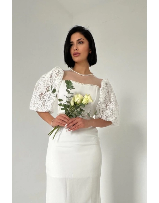 Beyaz İncili Tül Detay Elbise