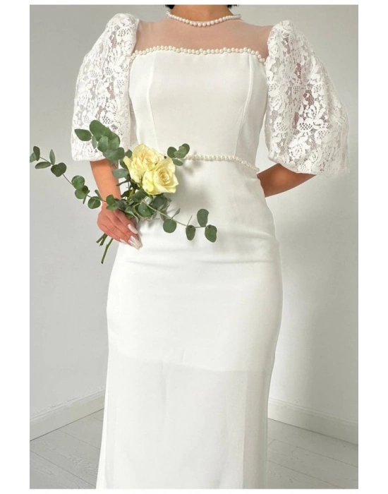 Beyaz İncili Tül Detay Elbise