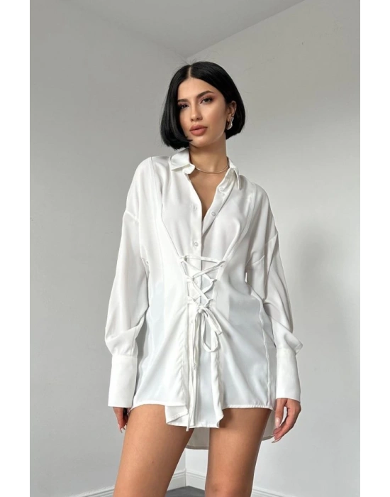 Beyaz Jesica Parçalı Bağcıklı Gömlek