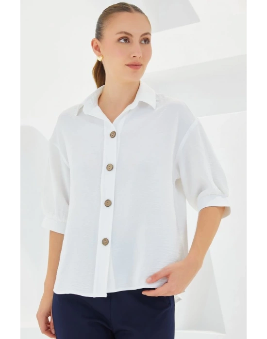 Beyaz Kısa Kol Oversize Keten Gömlek 20240