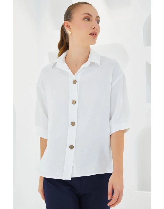 Beyaz Kısa Kol Oversize Keten Gömlek 20240