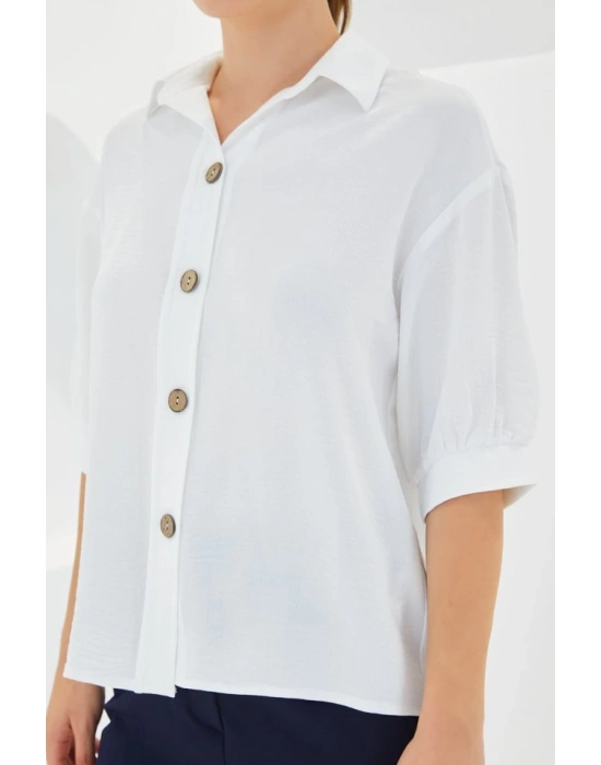 Beyaz Kısa Kol Oversize Keten Gömlek 20240