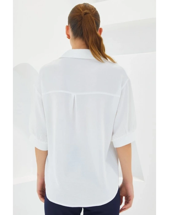 Beyaz Kısa Kol Oversize Keten Gömlek 20240