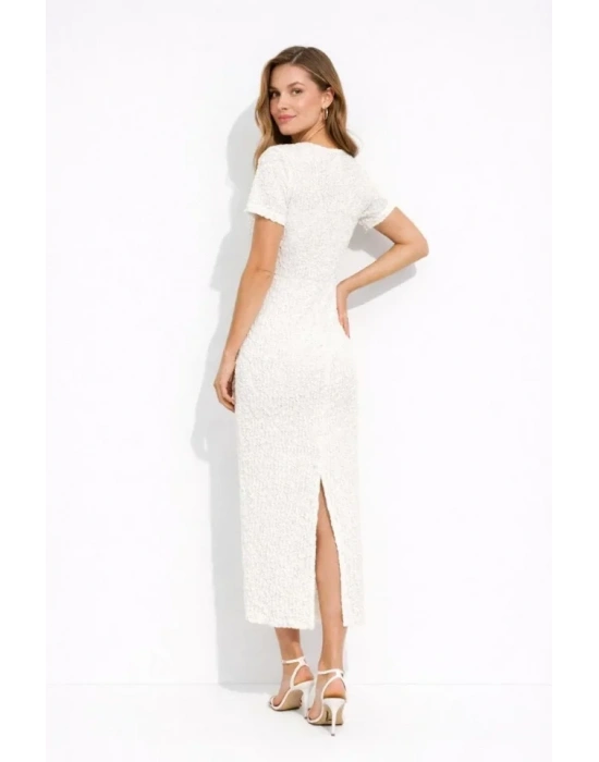 Beyaz Kısa Kollu Arkası Yırtmaçlı Uzun Elbise + İç Göstermeyen Askılı ini Elbiseli  Beyaz