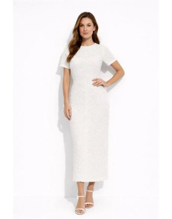 Beyaz Kısa Kollu Arkası Yırtmaçlı Uzun Elbise + İç Göstermeyen Askılı ini Elbiseli  Beyaz