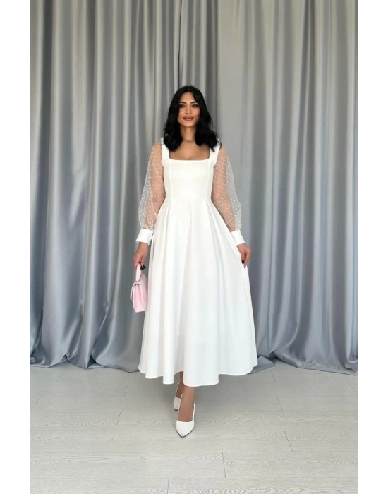 Beyaz Kolları Organze Kuplu Elbise