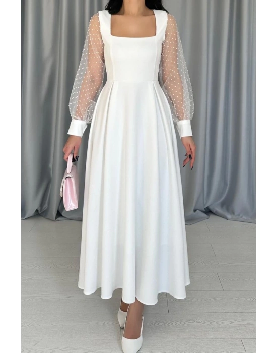 Beyaz Kolları Organze Kuplu Elbise