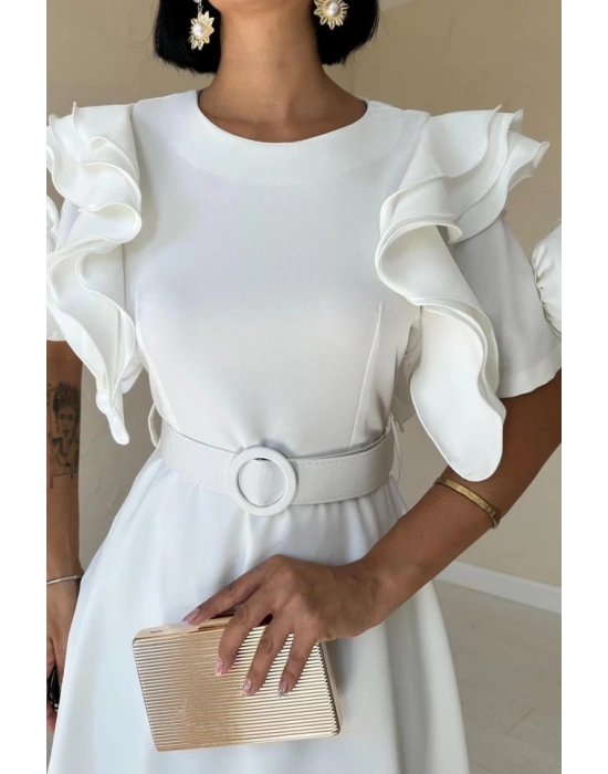 Beyaz Kolları Volanlı Kemerli Elbise