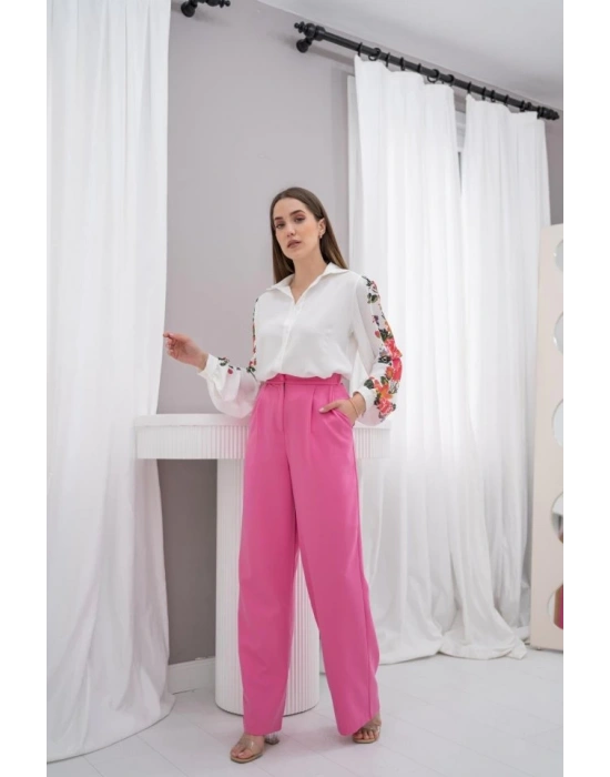 Beyaz Kolu Çiçekli Gömlek