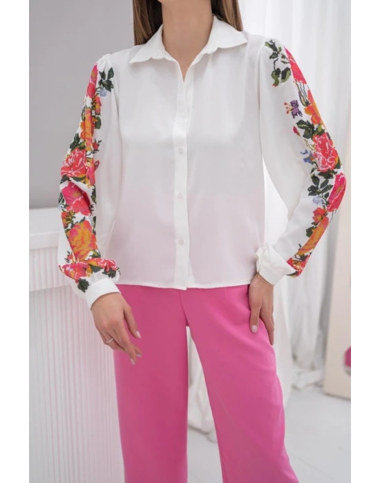 Beyaz Kolu Çiçekli Gömlek