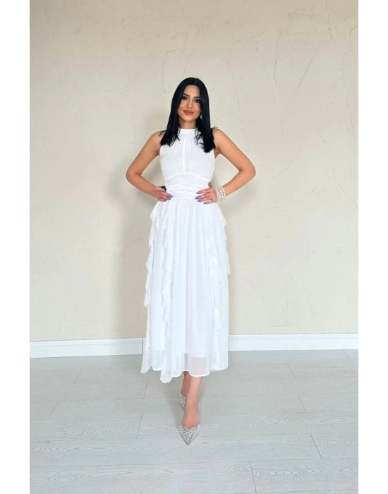 Beyaz Önü Büzgülü Fırfırlı Elbise