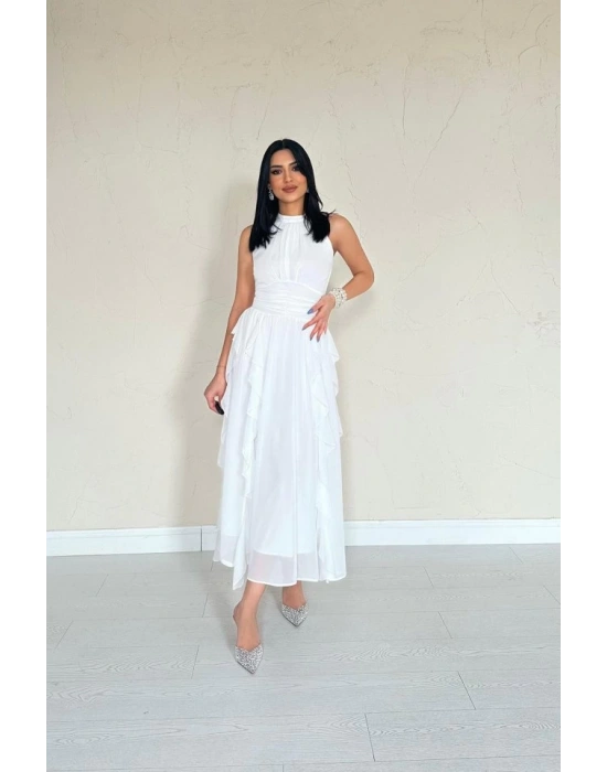 Beyaz Önü Büzgülü Fırfırlı Elbise
