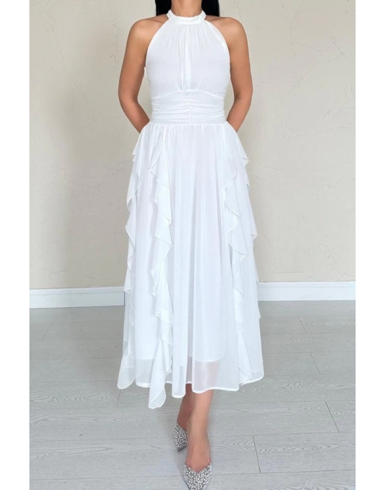 Beyaz Önü Büzgülü Fırfırlı Elbise