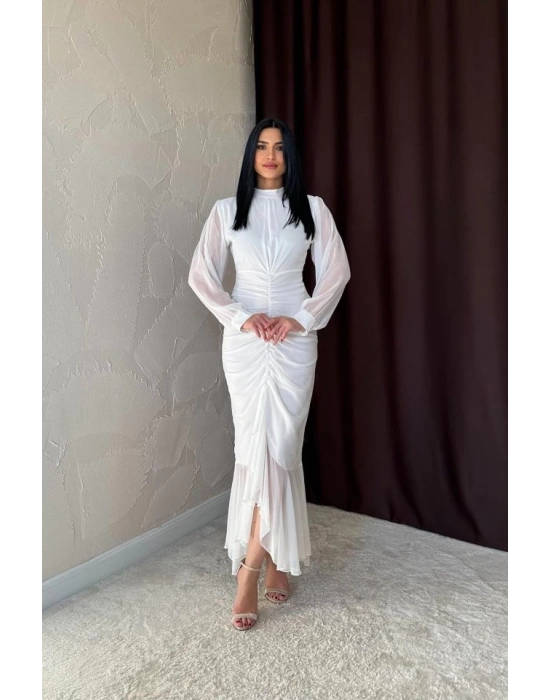 Beyaz Önü Büzgülü Şifon Elbise