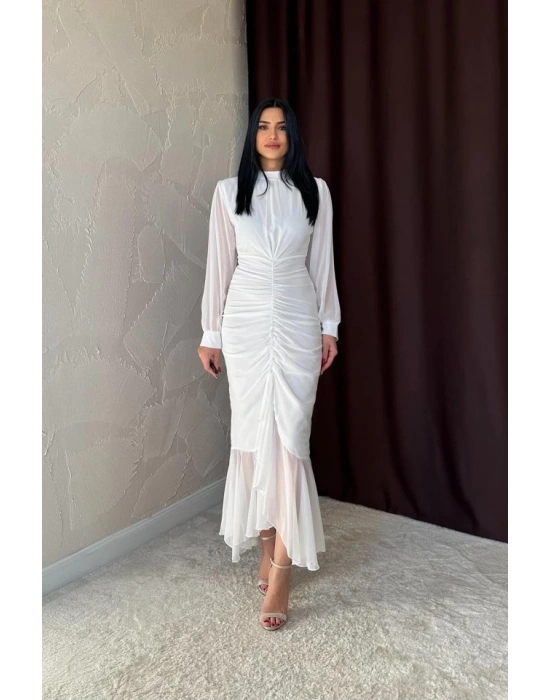 Beyaz Önü Büzgülü Şifon Elbise
