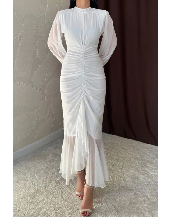 Beyaz Önü Büzgülü Şifon Elbise