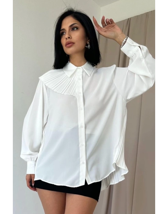 Beyaz Pilise Detaylı Jesica Gömlek