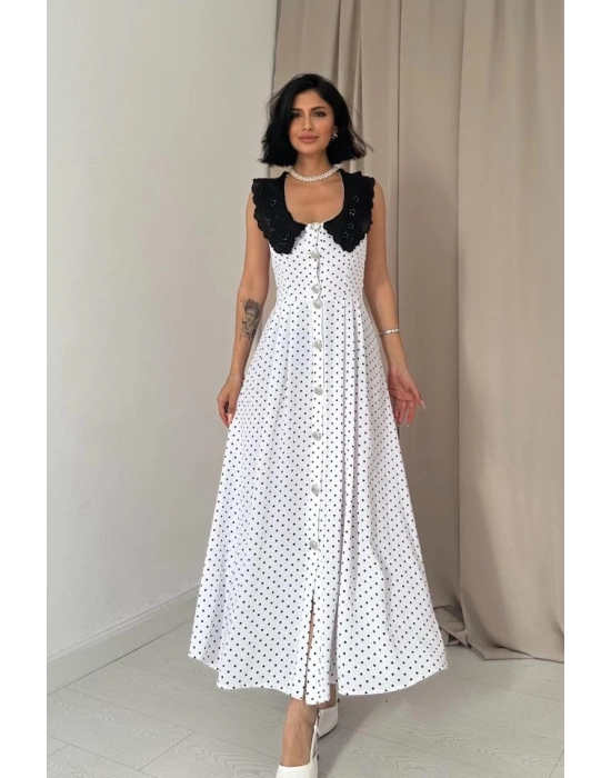 Beyaz Puantiyeli Bebe Yaka Elbise