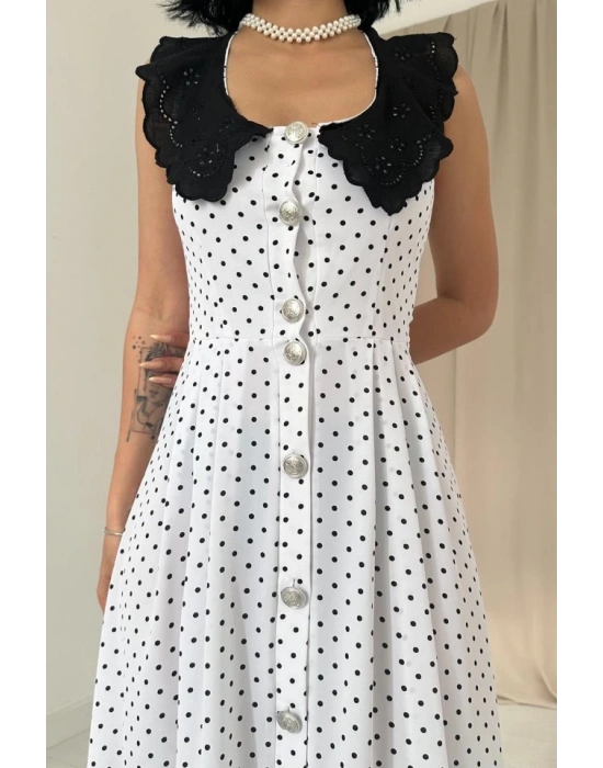 Beyaz Puantiyeli Bebe Yaka Elbise