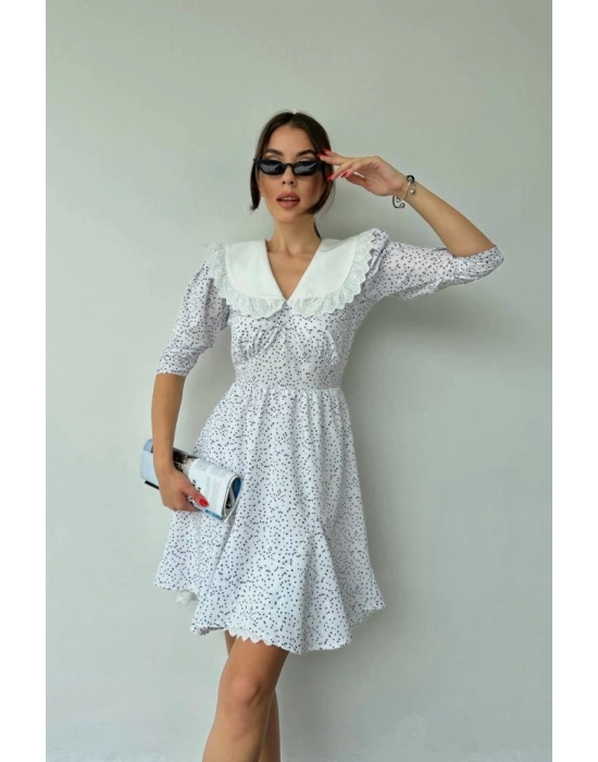 Beyaz Puantiyeli Önlük Yaka Elbise
