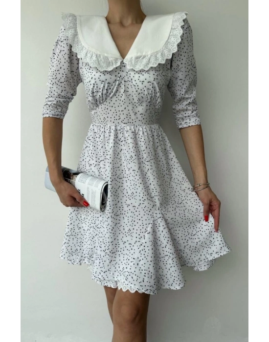 Beyaz Puantiyeli Önlük Yaka Elbise