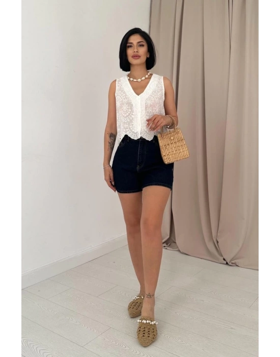 Beyaz Sıfır Kol Brode Bluz