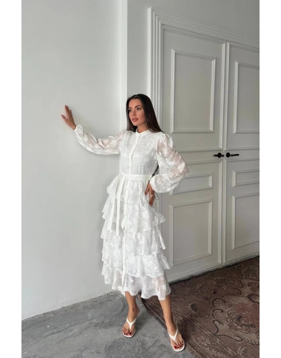 Beyaz Valonlu Şeritli Kat Kat Elbise