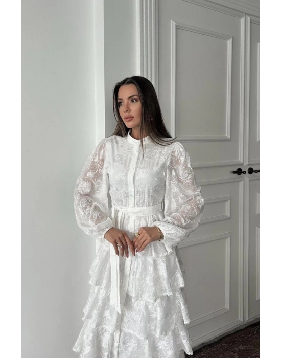 Beyaz Valonlu Şeritli Kat Kat Elbise