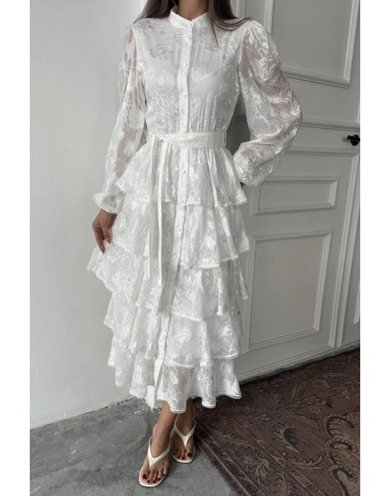 Beyaz Valonlu Şeritli Kat Kat Elbise