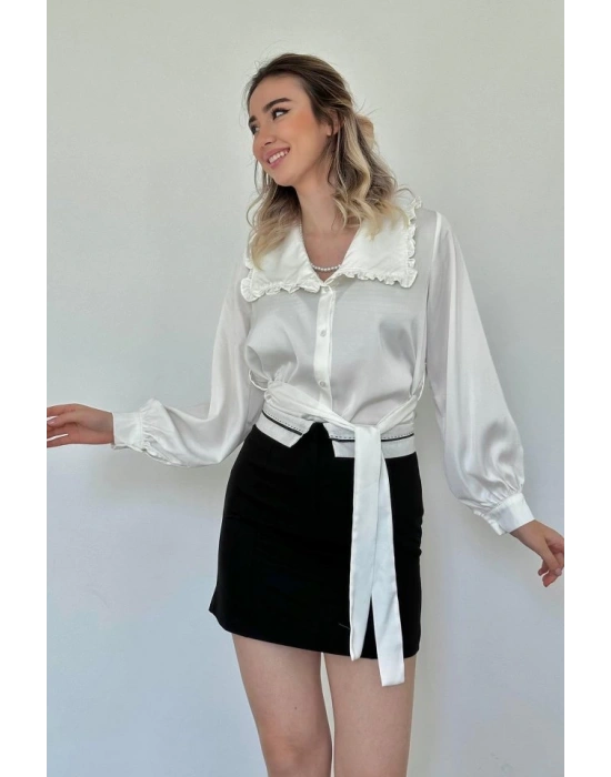 Beyaz Yakası Fırfırlı Kuşaklı aten Gömlek
