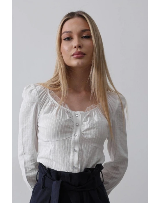 Bisiklet Yaka Bluz  Beyaz