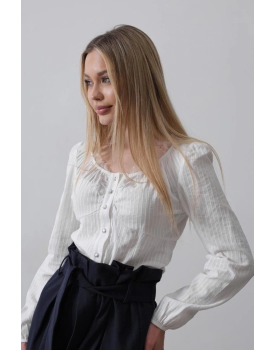 Bisiklet Yaka Bluz  Beyaz