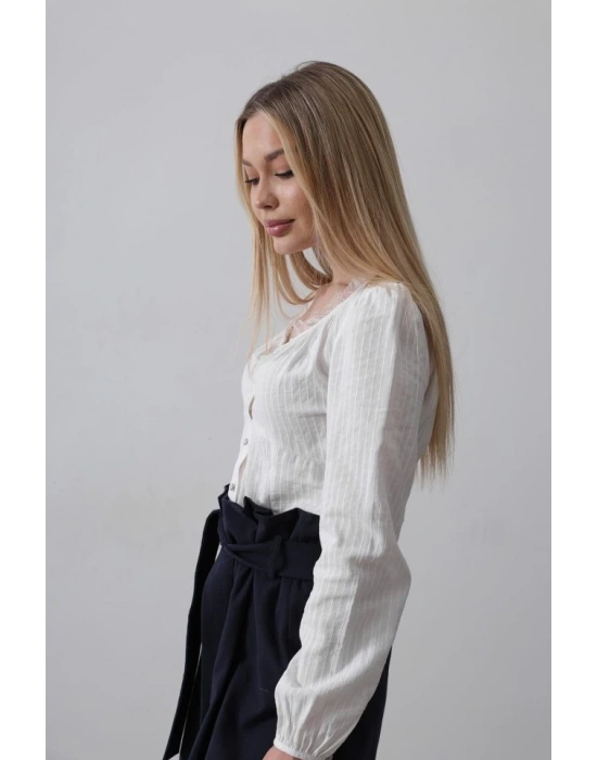 Bisiklet Yaka Bluz  Beyaz