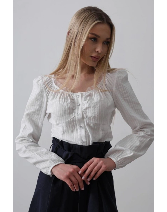 Bisiklet Yaka Bluz  Beyaz