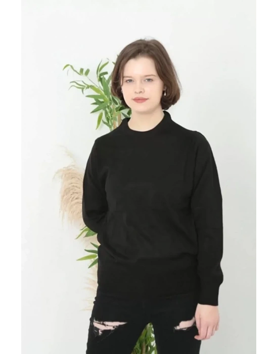 Bisiklet Yaka Düz Kazak  Siyah