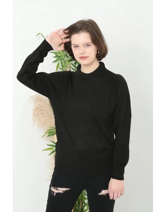 Bisiklet Yaka Düz Kazak  Siyah