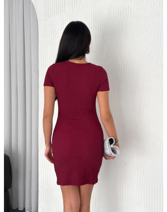 Bisiklet Yaka Kısa Kol ikralı Elbise  Bordo