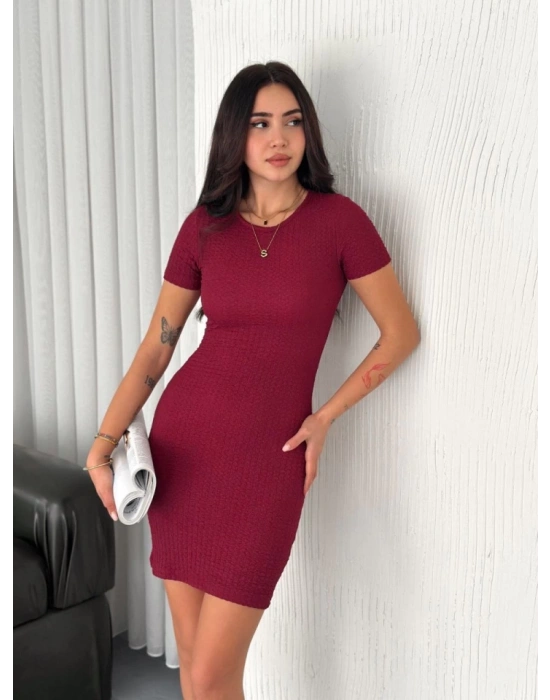Bisiklet Yaka Kısa Kol ikralı Elbise  Bordo