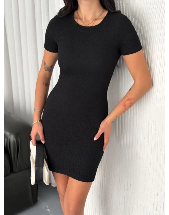 Bisiklet Yaka Kısa Kol Likralı Elbise  iyah