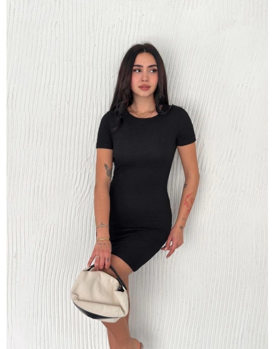 Bisiklet Yaka Kısa Kol Likralı Elbise  iyah