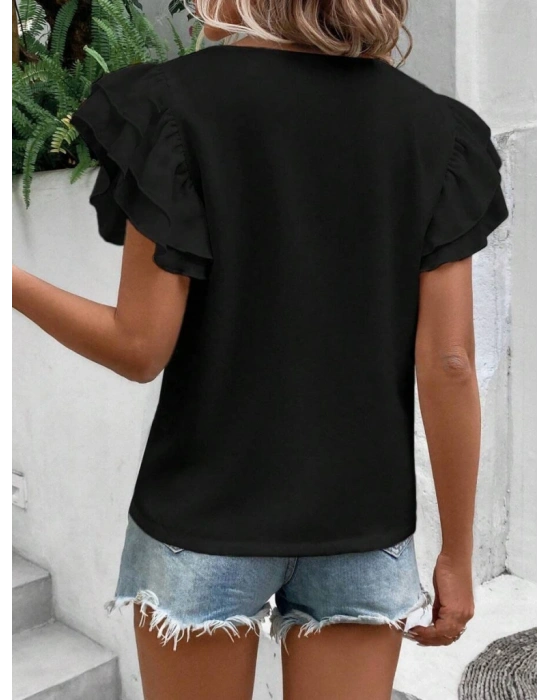 Bisiklet Yaka Kolları Volanlı İthal Krep Bluz