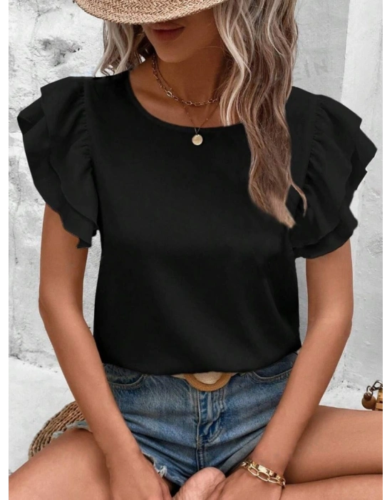 Bisiklet Yaka Kolları Volanlı İthal Krep Bluz