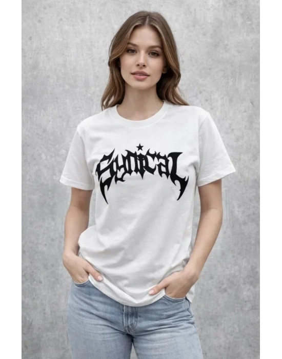 Bisiklet Yaka Ön Baskılı Kısa Kollu Tişört treetwear Günlük Basic Pamuklu Tshirt  Beyaz