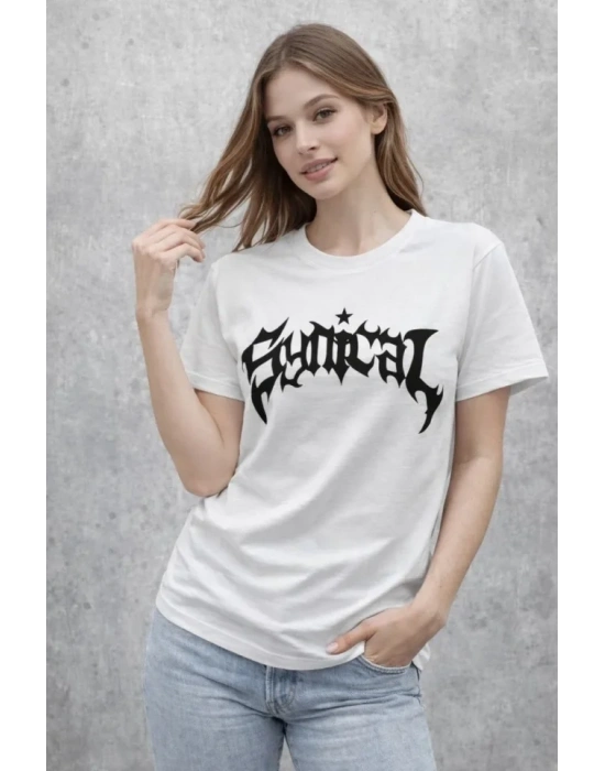 Bisiklet Yaka Ön Baskılı Kısa Kollu Tişört treetwear Günlük Basic Pamuklu Tshirt  Beyaz