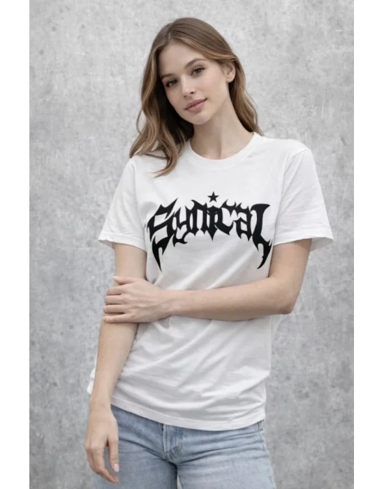 Bisiklet Yaka Ön Baskılı Kısa Kollu Tişört treetwear Günlük Basic Pamuklu Tshirt  Beyaz