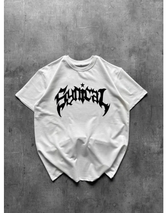 Bisiklet Yaka Ön Baskılı Kısa Kollu Tişört treetwear Günlük Basic Pamuklu Tshirt  Beyaz