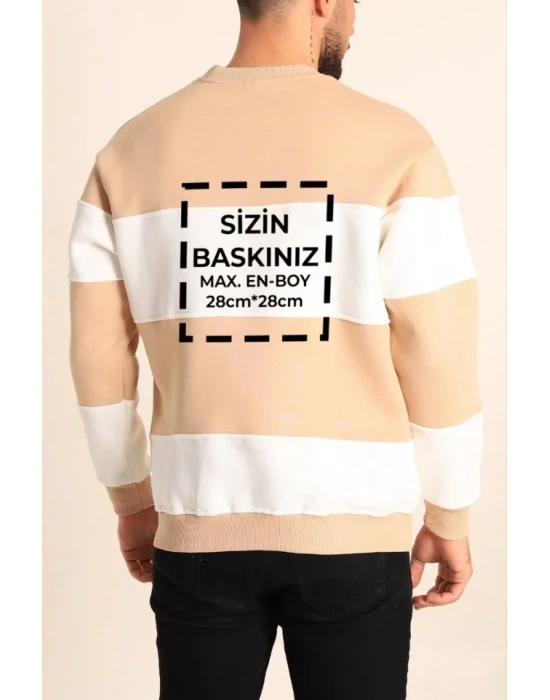 Bisiklet Yaka Parçalı Özel Üretim weatshirt Bej